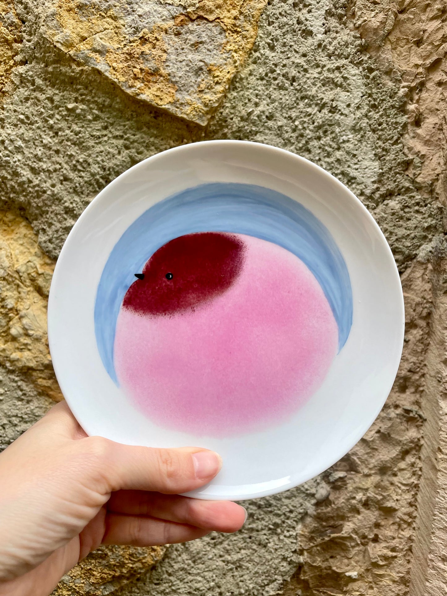 Assiette à dessert décorée d'une tête d'oiseau. L'oiseau regarde vers la gauche. Le corps est rose et la tête est rouge foncée. L'oiseau est sur fond bleu ciel